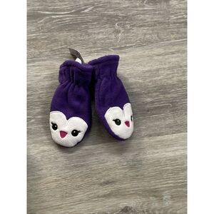 The Childrens Place Girls Purple Print Winter Gloves Mittens SZ 12/24 Penguins